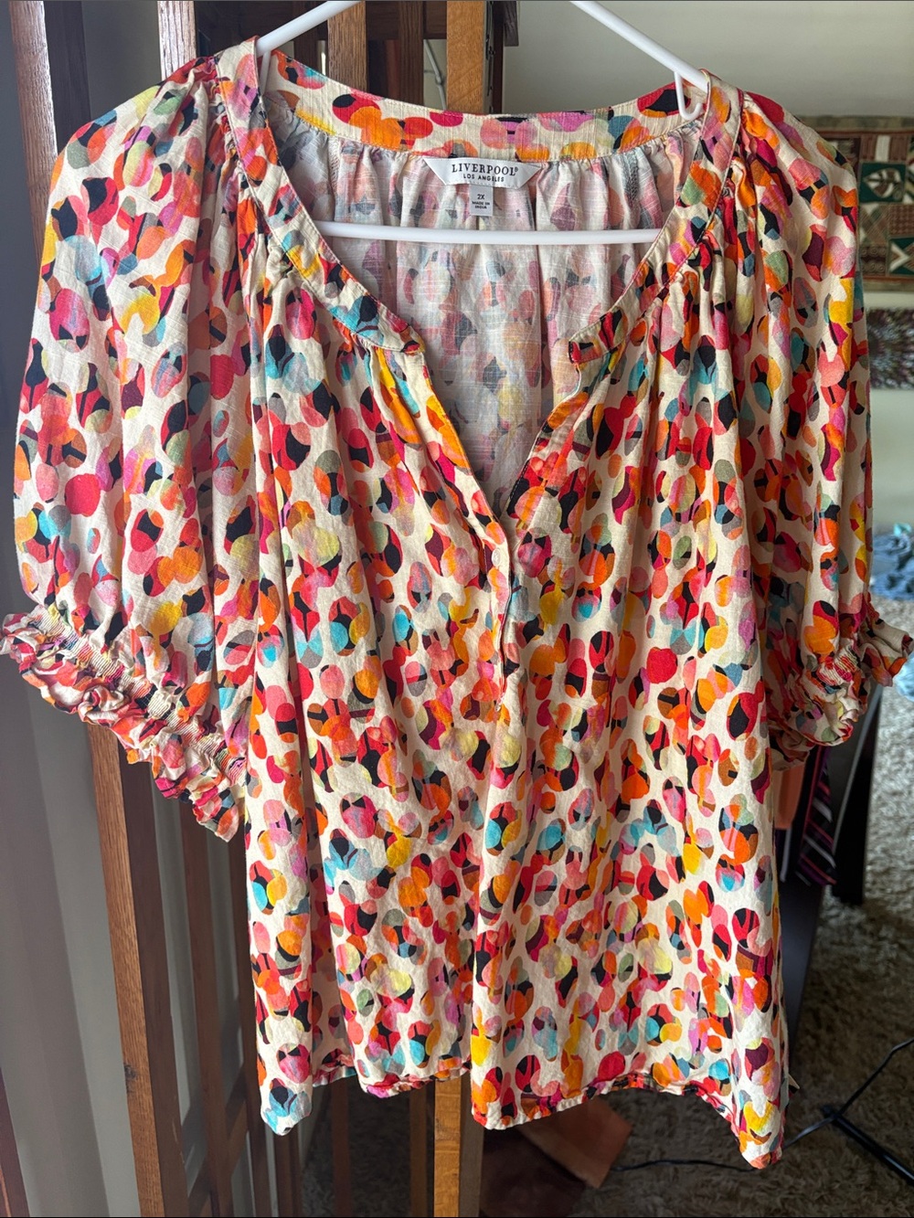 Liverpool Jeans Company Multicolor Dot Print Peasant Blouse - Pink, Orange, Blue